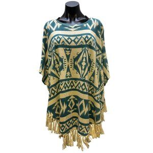 Tasha Polizzi Collection Cream & Teal Aztec Print Poncho Blouse L/XL Tassel Frin